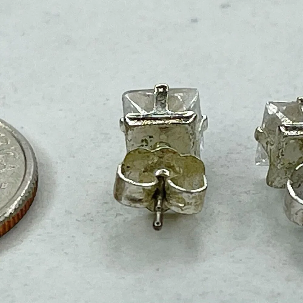 SHA Signed Silver Tone Clear Square Rhinestone Earrings Pierced Pair